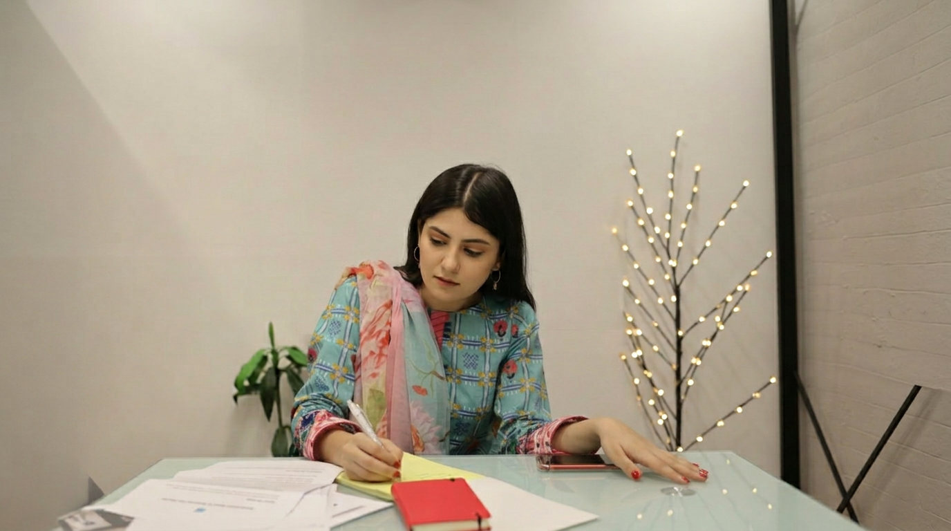 A communications manager in a warm, sunlit nonprofit office gesturing at a laptop dashboard of organised, ready-to-publish stories, with voice memos, sticky-note quotes, and printed community messages on her desk