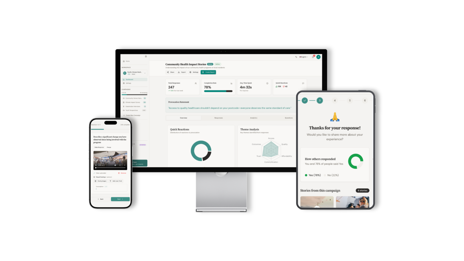 Folktale platform shown on desktop, tablet, and mobile devices