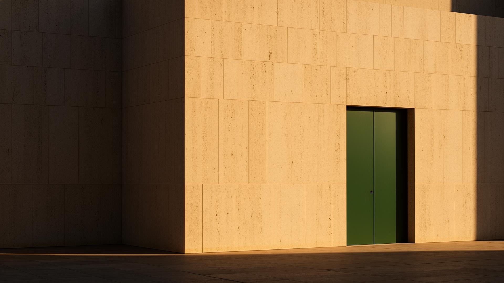 A sunlit modern building with a single forest green door